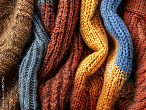 A pile of knitted sweaters with different colors and patterns