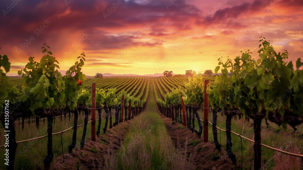 Fototapeta premium A lush vineyard at sunset, with rows of grapevines stretching into the distance under a colorful sky. 