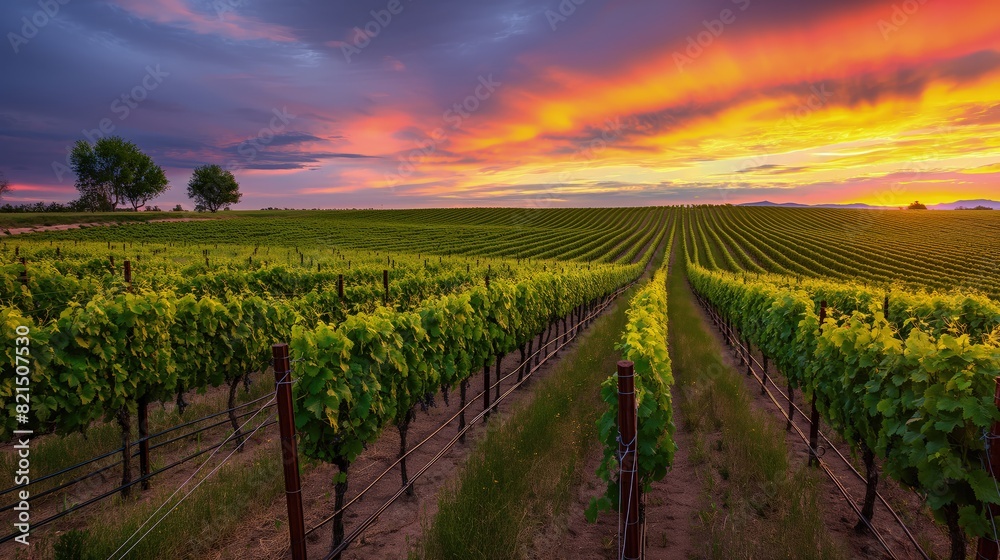 Fototapeta premium A lush vineyard at sunset, with rows of grapevines stretching into the distance under a colorful sky. 