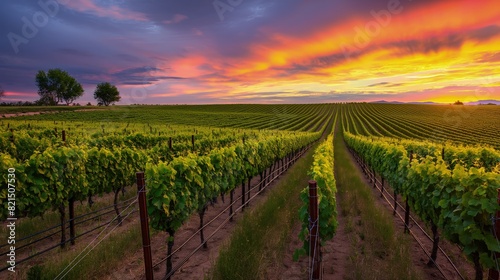 A lush vineyard at sunset  with rows of grapevines stretching into the distance under a colorful sky. 