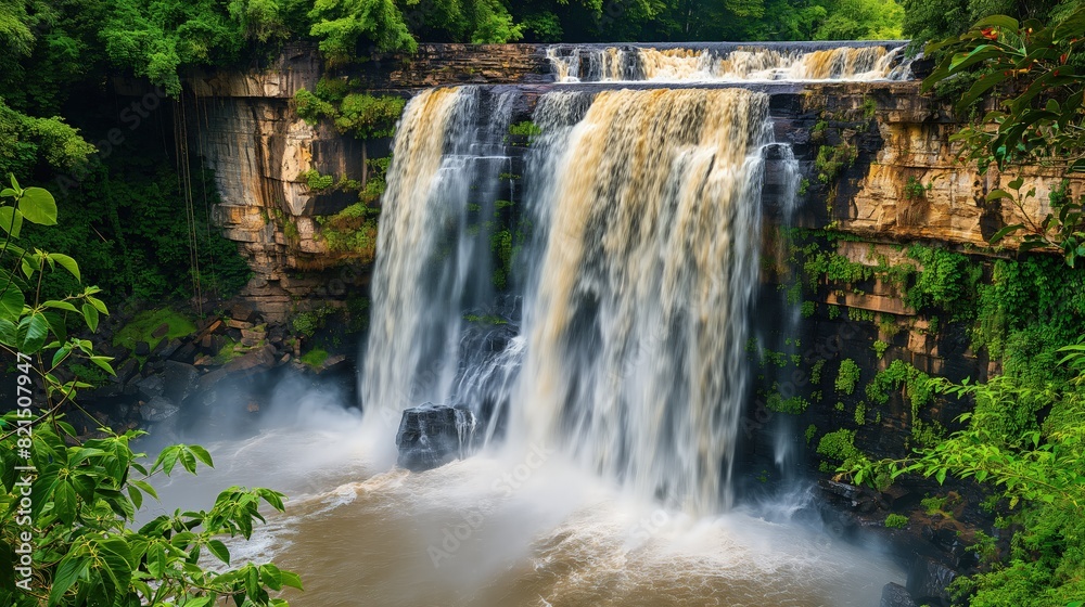 A majestic waterfall cascading over a cliff surrounded by vibrant green foliage. A majestic waterfall cascading over a cliff surrounded by vibrant green foliage.