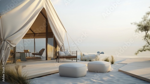 Glamping tent by the sea, with sleek modern furniture and a neutral color palette that complements the natural beauty of the sandy beach and ocean. 