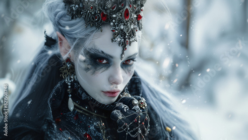 elven vampire queen on a stroll in the snow, wearing heavily decorated black heavy winter garb, wide 16:9 photo