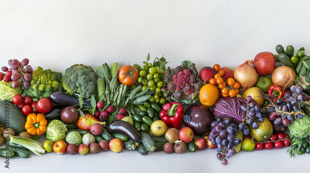 A panoramic view of a farmer's market display featuring a variety of seasonal fruits and vegetables, arranged artistically against a clean white background, ready for purchase. A panoramic view of a farmer's market display featuring a variety of seasonal fruits and vegetables, arranged artistically against a clean white background, ready for purchase.