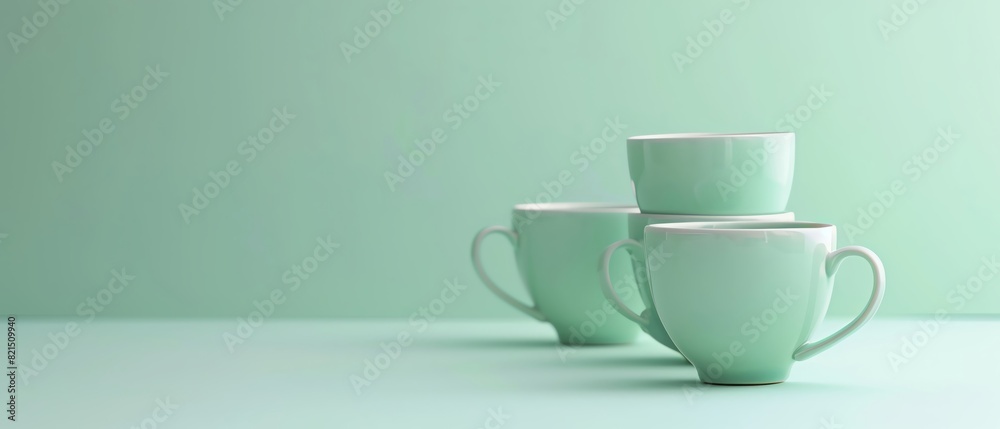 Three mint green ceramic coffee cups stacked in a minimalist composition on a matching background, evoking a sense of calm and simplicity. Three mint green ceramic coffee cups stacked in a minimalist composition on a matching background, evoking a sense of calm and simplicity.