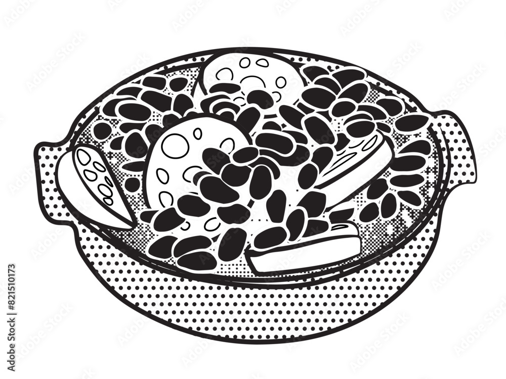 Black and white feijoada in the stone pan. bean stew with pepperoni sausage. Vector illustration isolated on white background. Black and white feijoada in the stone pan. bean stew with pepperoni sausage. Vector illustration isolated on white background.