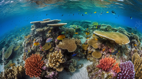 A colorful coral reef teeming with life  vibrant fish darting in and out of the intricate formations.