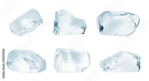 Crystal clear pieces of ice isolated on white, set