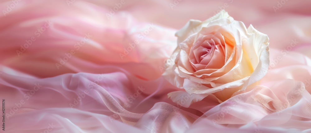 Elegant pink rose on delicate, flowing fabric background. Perfect for romantic, wedding, or nature-themed designs. Elegant pink rose on delicate, flowing fabric background. Perfect for romantic, wedding, or nature-themed designs.