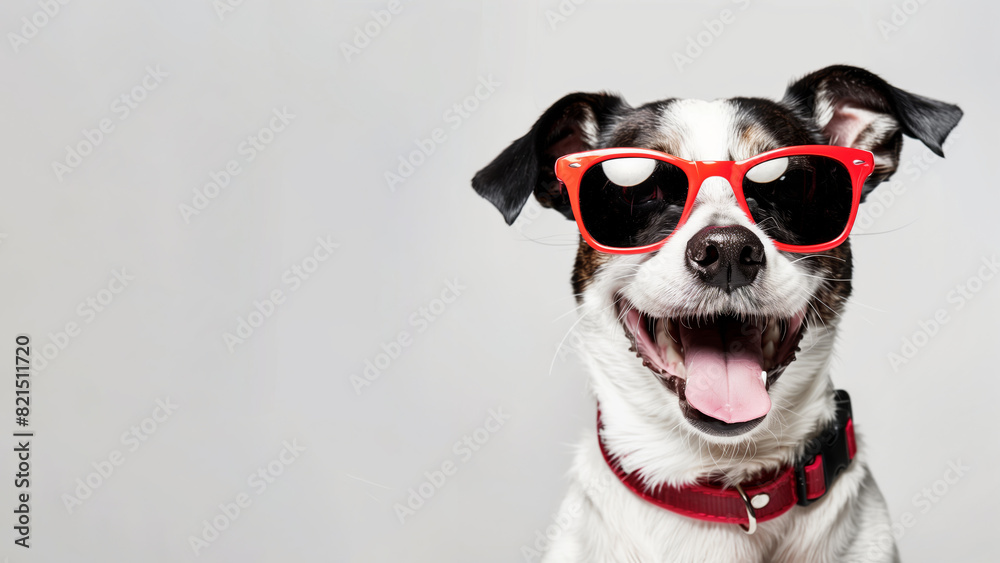 A happy and stylish dog wearing red sunglasses and a red collar is looking at camera with his tongue out and smiling, isolated on light gray background with copy space for text.