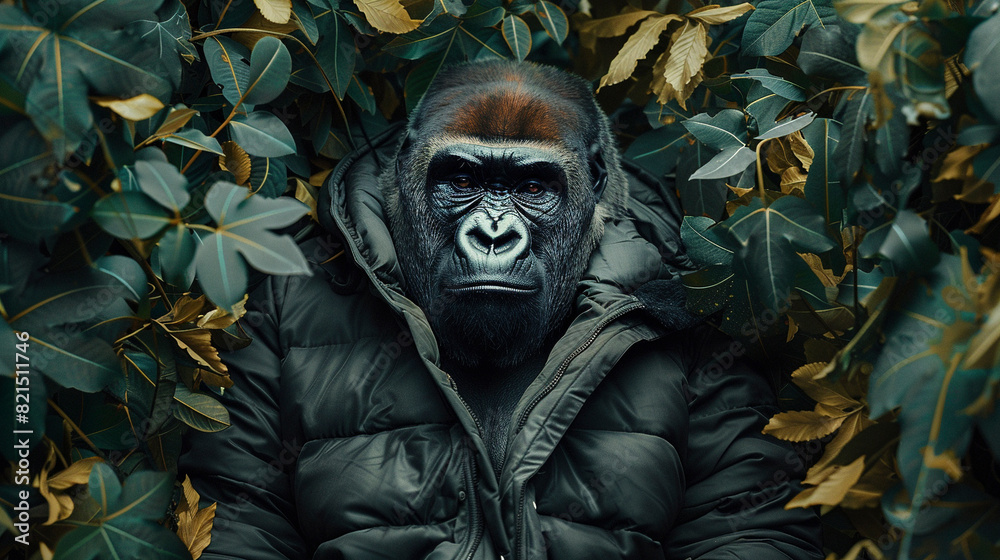 Creative animal concept Gorilla in luxury lush coat, fashion, style, imagination