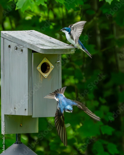Tree Swallow Parents Bringing an insect to the birdhouses