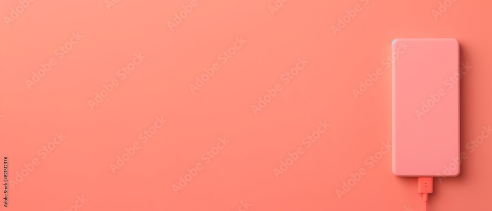 Minimalist pink power bank on coral background. Modern portable charger for mobile device with USB cable. Empty space for text or design. Minimalist pink power bank on coral background. Modern portable charger for mobile device with USB cable. Empty space for text or design.
