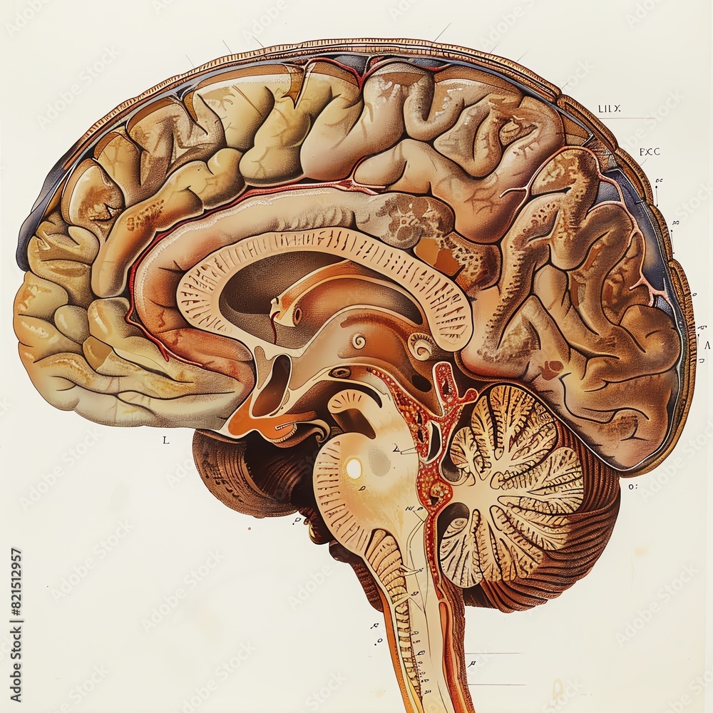 Detailed anatomical diagram of the human brain in cross-section showing ...