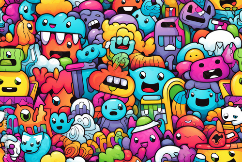 Seamless pattern with vibrant colors and funny doodles  high-quality and ready for print