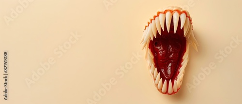 Close-up of a scary, gaping monster mouth with sharp teeth on a plain background. Perfect for Halloween, horror themes, and creepy concepts. photo