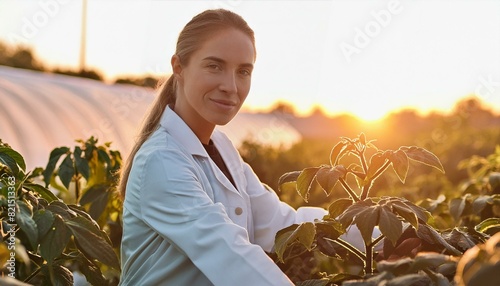 Agriculture and agronomist working in greenhouse at sunset