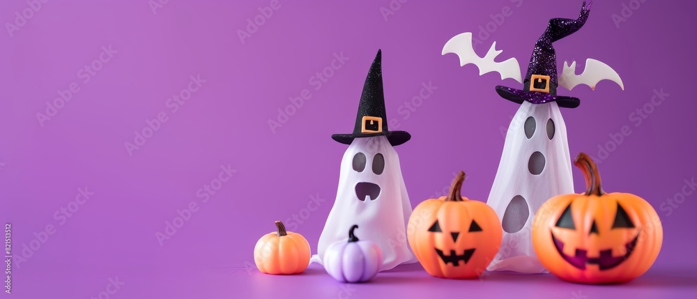 Halloween scene with smiling jack-o'-lanterns and ghost decorations wearing witch hats against a purple background.