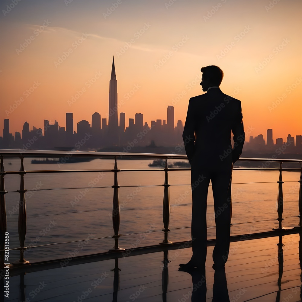 Fototapeta premium sunset view of a silhouette of a man on the deck of an opulent yacht gazing at the gleaming city sky
