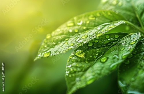 Close up of water drops on green leaf, macro photography, shallow depth field.