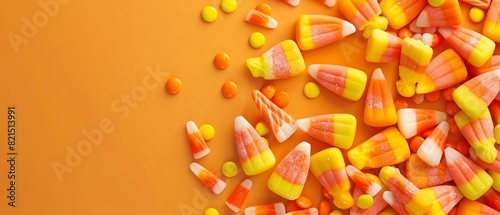 Assorted candy corn pieces scattered on an orange background  evoking a festive autumn and Halloween vibe.