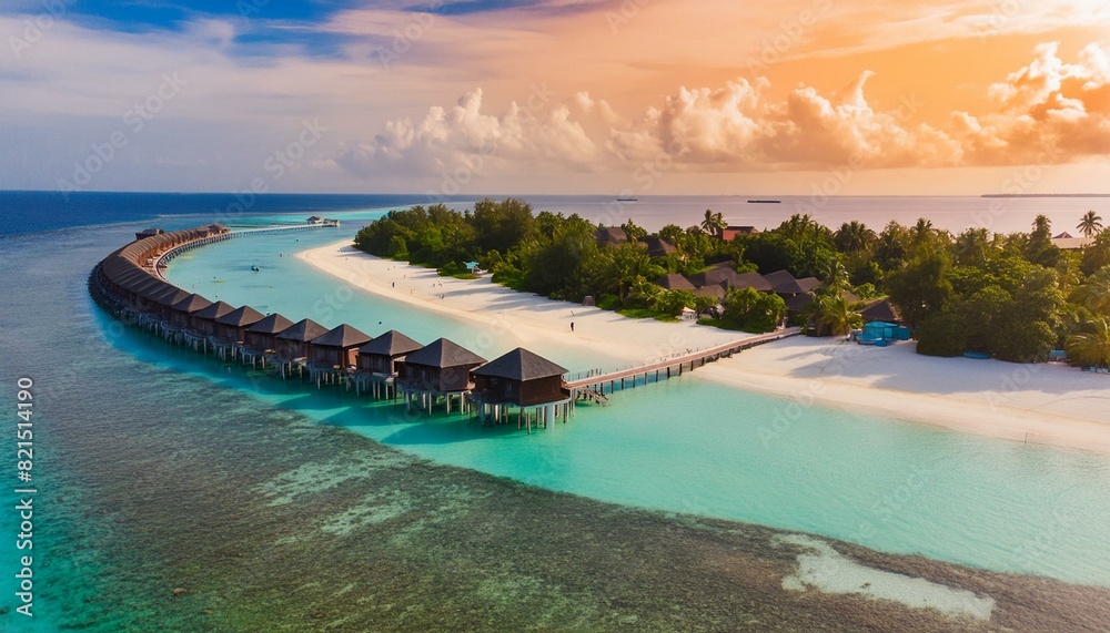 Fototapeta premium Amazing drone view of the beach and water with beautiful colors. luxury tropical resort or hotel with water villas and beautiful beach scenery. maldives, summer vacation, resort maldivian houses.