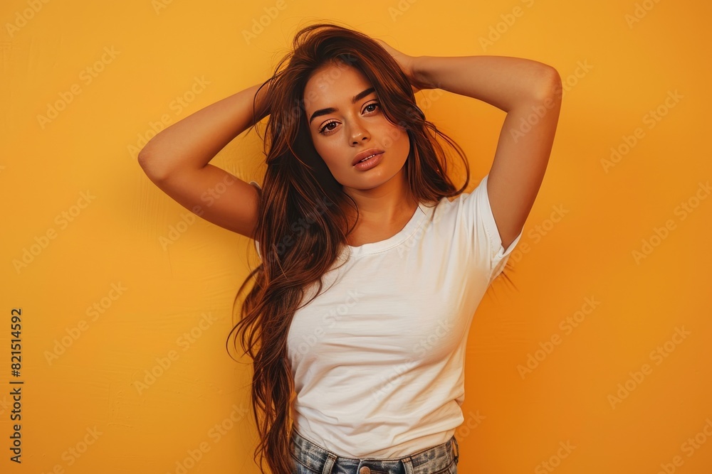 A beautiful woman wearing a white t-shirt and jeans posing for the camera on an orange background. A beautiful woman wearing a white t-shirt and jeans posing for the camera on an orange background.