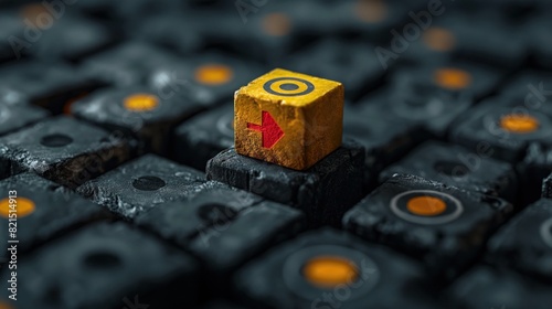 Yellow Cube with Red Arrow Among Black Cubes