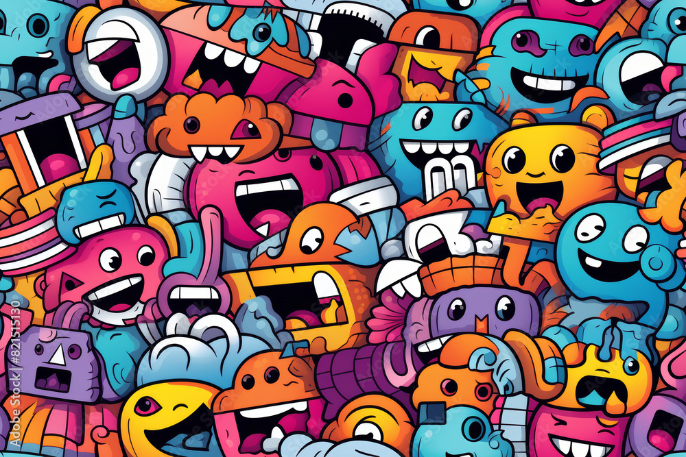 Seamless pattern with vibrant colors and funny doodles, high-quality and ready for print