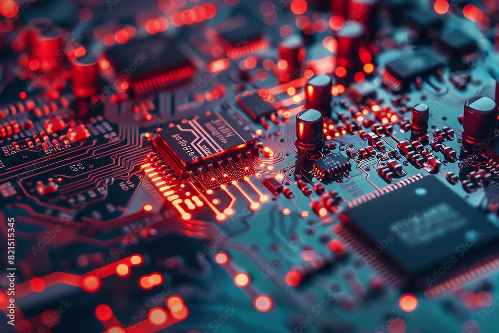 Close-up of a vibrant and detailed electronic circuit board with glowing red lights, showcasing microchips and resistors in intricate patterns. Close-up of a vibrant and detailed electronic circuit board with glowing red lights, showcasing microchips and resistors in intricate patterns.