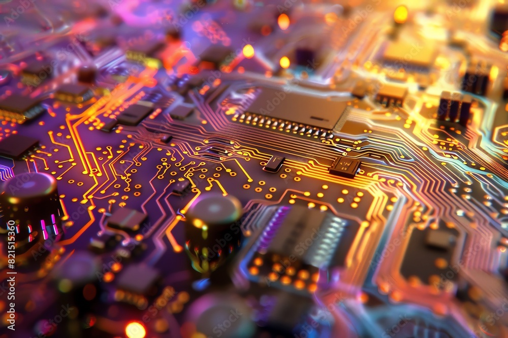 Close-up view of a colorful and illuminated computer motherboard with intricate circuitry and electronic components. Close-up view of a colorful and illuminated computer motherboard with intricate circuitry and electronic components.