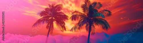 Background with sunset sky and palm trees  tropical resort