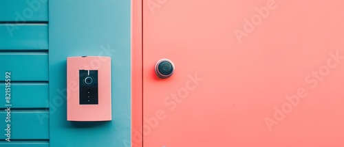 Modern smart doorbell and security camera on vibrant teal and coral wall, showcasing home security technology. © nattapon98