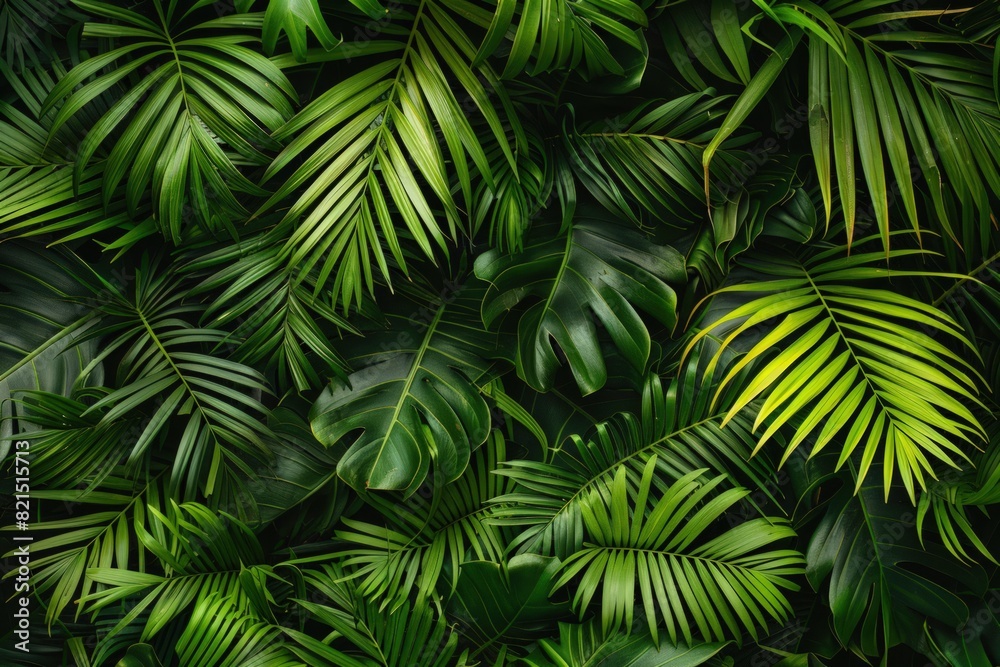 Top view of lush palm leaves background.