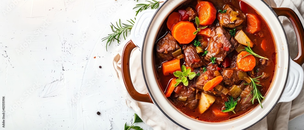 Hearty beef stew in a black slow cooker, filled with chunks of beef, potatoes, carrots, and fresh herbs, served on a rustic wooden table. Hearty beef stew in a black slow cooker, filled with chunks of beef, potatoes, carrots, and fresh herbs, served on a rustic wooden table.