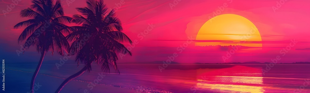 Obraz premium Background with sunset sky and palm trees, tropical resort