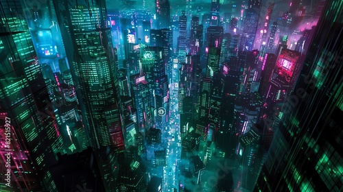 Futuristic neon cityscape at night with glowing lights and high-rise buildings, creating a vibrant and dynamic sci-fi urban environment. © Montri