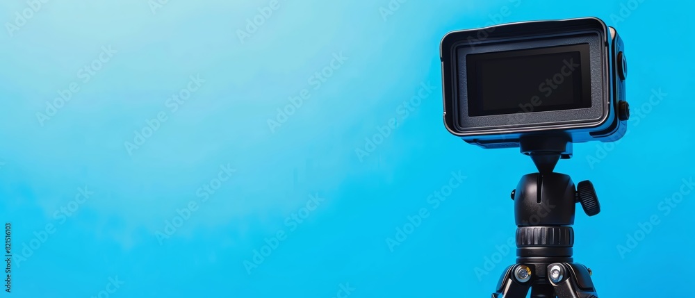 Fototapeta premium Action camera mounted on a tripod with a clear blue background, ideal for adventure and travel photography concepts.
