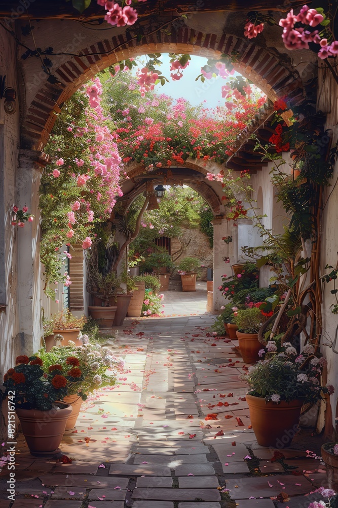 Fototapeta premium Sunlit archway with pink flowers and potted plants, peaceful and inviting, gentle natural light