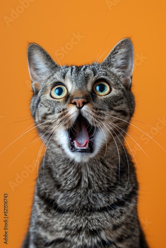 Surprised cat with wide eyes and open mouth against an orange background, closeup shot