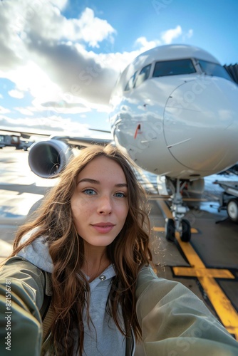 Woman taking a selfie in front of a passenger airplane on the tarmac
