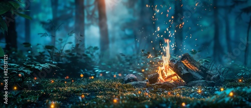 Enchanting forest campfire scene with glowing embers and fireflies, evoking warmth and nature's beauty in a serene wilderness setting.