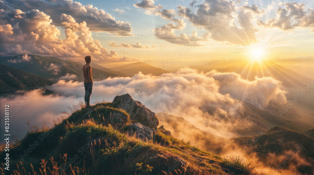 Person Standing on Mountain Top at Sunrise Above Clouds
