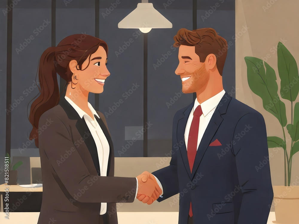 a cartoon of a man and woman shaking hands. a cartoon of a man and woman shaking hands.