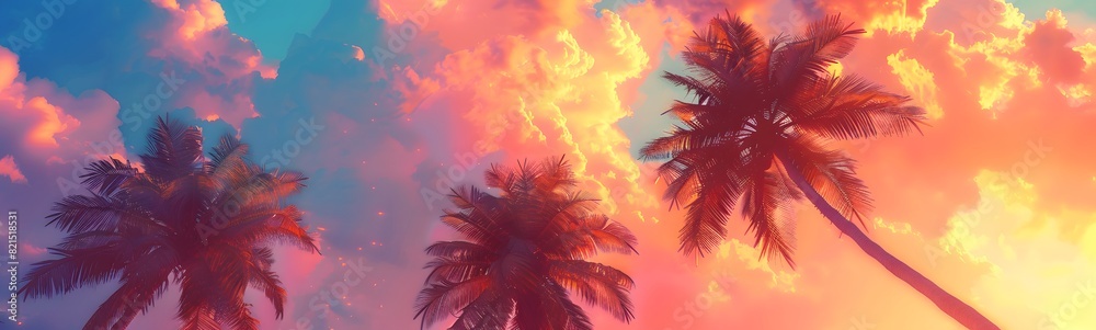 Background with sunset sky and palm trees, tropical resort Background with sunset sky and palm trees, tropical resort