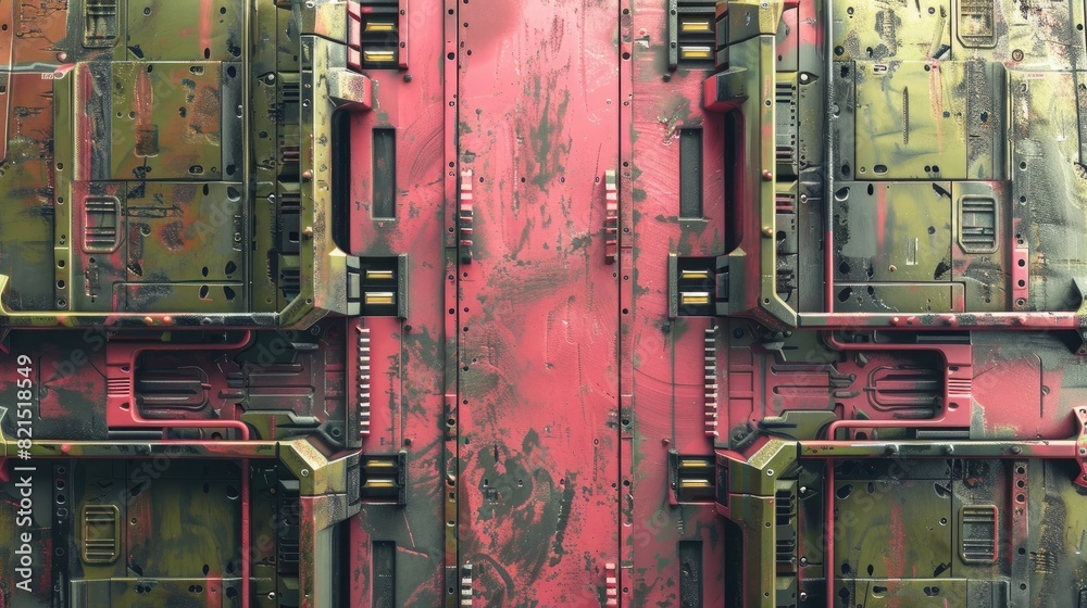 3d render of scifi wall panels, top view, pink and green color scheme, scifit industrial style