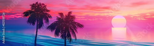 Background with sunset sky and palm trees, tropical resort