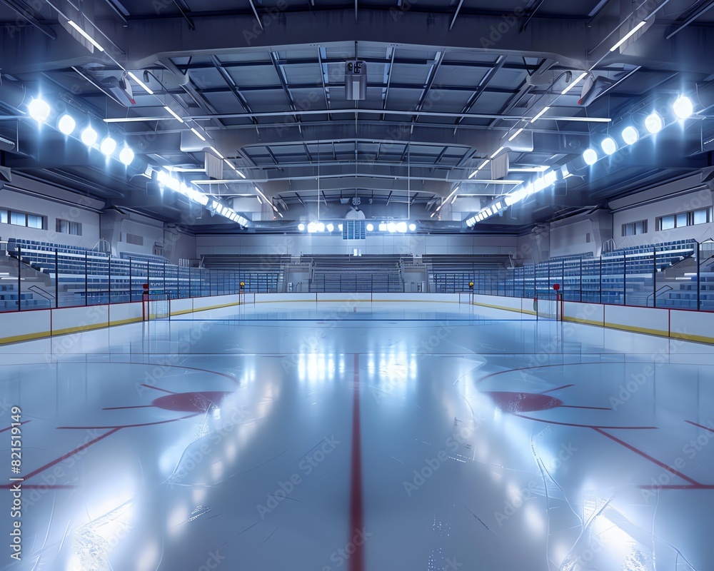Empty ice hockey rink indoors with bright lights and empty stands, ready for a game or practice session. Empty ice hockey rink indoors with bright lights and empty stands, ready for a game or practice session.