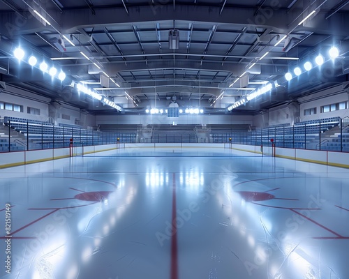 Empty ice hockey rink indoors with bright lights and empty stands, ready for a game or practice session.