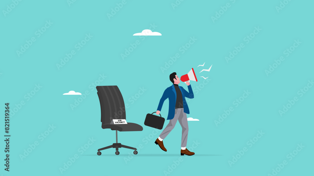 Obraz premium new job offer or career opportunity, recruitment or search for new employees, job announcement design, businessman using megaphone to announce job vacancy with empty office chair for new job position